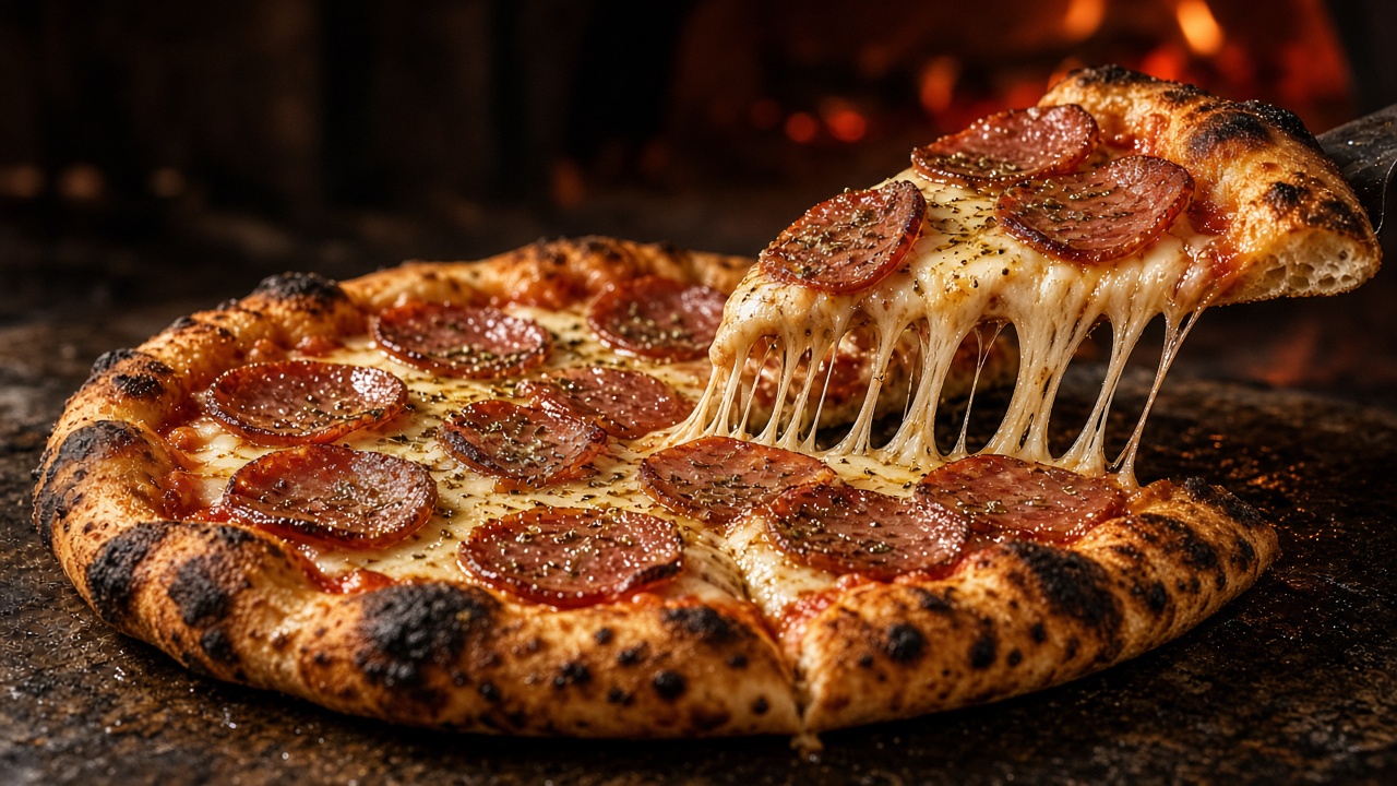 Pizza de calabresa com queijo derretido, diante do forno